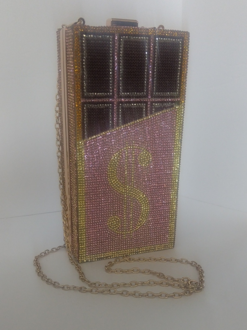 Diamond Art-Embellished Pink & Gold Million Dollar Chocolate Bar Purse